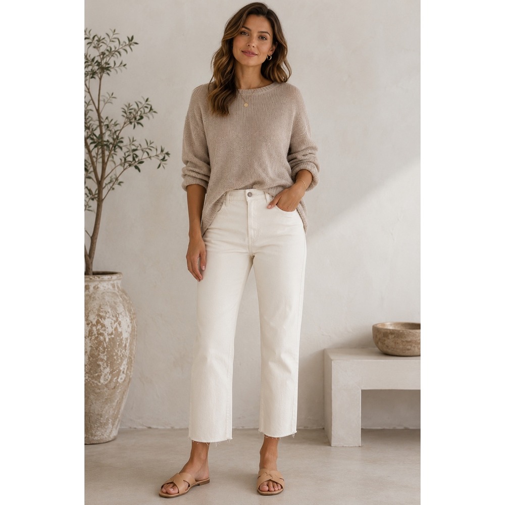 Vince Off White Cream Straight Leg Raw Hem Jeans 30 Quiet Luxury Minimalist